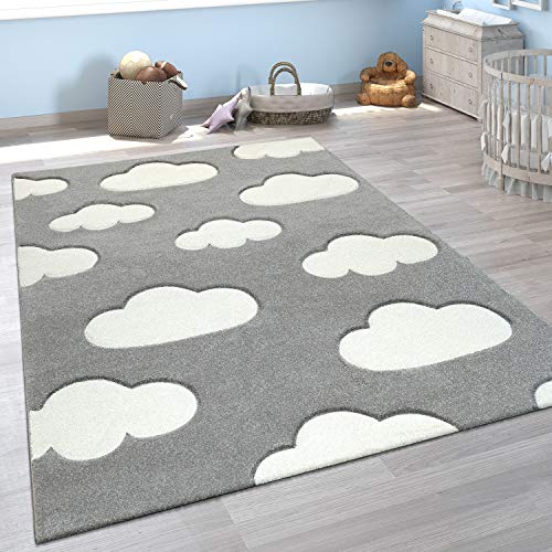 Paco Home Kinderzimmer Teppich Grau Weiß Pastellfarben Wolken Motiv Kurzflor 3-D Design, Grösse:140x200 cm
