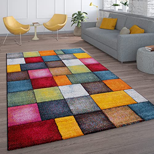 Paco Home Kurzflor Wohnzimmer Teppich Bunt Karo Design Vierecke Mehrfarbig Farbenfroh, Grösse:120x170 cm