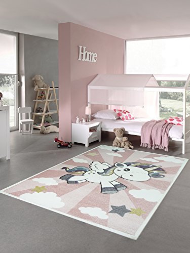 Kinderteppich Spielteppich Babyteppich mit Einhorn Regenbogen in Rosa Creme Größe 160x230 cm
