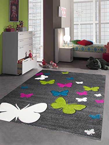 Kinderteppich Spielteppich Kinderzimmer Teppich Schmetterling Design mit Konturenschnitt Grau Pink...