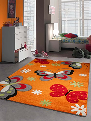 Kinderteppich Spielteppich Schmetterling Design Orange Rot Grau Grün Weiss Größe 80x150 cm