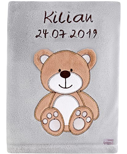 Be Mammy Babydecke mit 3D Applikation Bestickt mit Name und Geburtsdatum 76 x 102 cm BE20-280 (Grau...