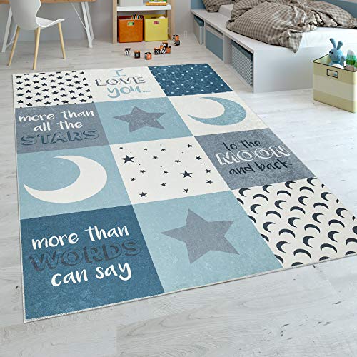 Paco Home Kinderteppich Kinderzimmer Jungen Waschbar Herzen Sterne Mond Spruch Blau Grau, Grösse:120x160 cm