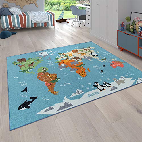 Paco Home Kinder-Teppich Für Kinderzimmer, Spiel-Teppich, Weltkarte Mit Tieren, In Grün, Grösse:80x150 cm