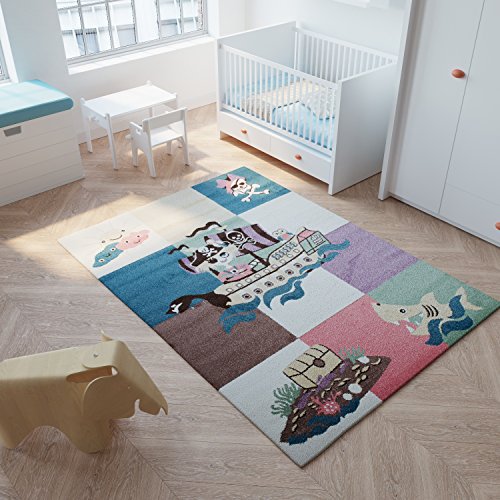 TAPISO Happy Kinder Teppich Kurzflor Modern Kinderteppich Creme Mehrfarbig Piraten Muster...