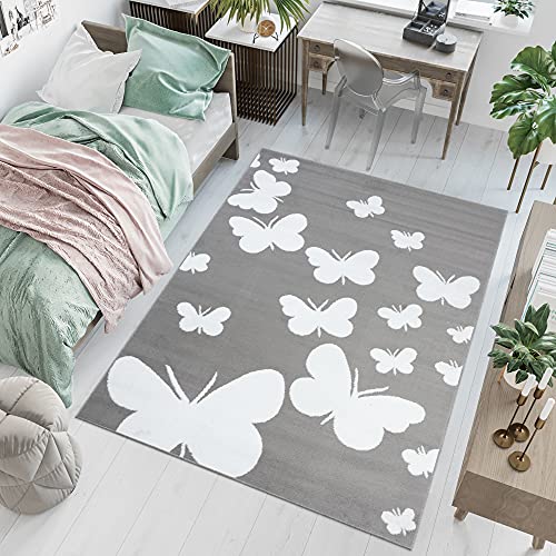 TAPISO Luxury Teppich Kurzflor Grau Weiss Modern Schmetterling Muster Designer Wohnzimmer Jugendzimmer Kinderzimmer ÖKOTEX 80 x 150 cm