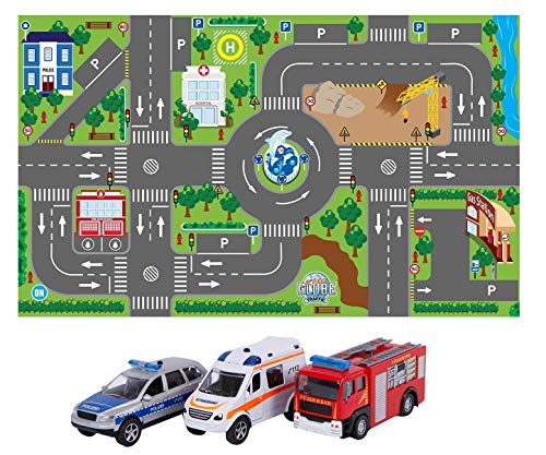 Kids Globe Spielteppich mit Auto Set (leuchtende Ampeln, Kinder-Teppich mit Feuerwehrauto Polizeiauto Rettungswagen, Größe 120x72 cm, inkl. Batterie)