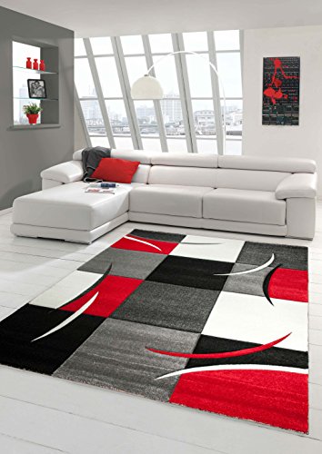 Designer Teppich Moderner Teppich Wohnzimmer Teppich Kurzflor Teppich mit Konturenschnitt Karo Muster Rot Grau Weiß Schwarz Größe 200 x 290 cm