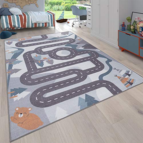 Paco Home Kinderteppich Spielteppich Teppich Kinderzimmer Junge Mädchen Tier Und Straßen Muster Creme Blau Grau, Grösse:160x220 cm