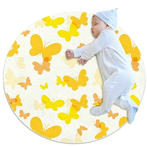 Süße gelbe Schmetterlinge Kindisch Ultraweiche Baumwolle Baby-Kinderteppich Runder Teppich Kleinkind-Spiel-Spielmatte 100 x 100 cm