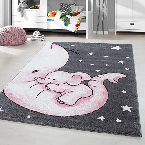 HomebyHome Kinderteppich Kurzflor Elefanten Mama Kinderzimmer Babyzimmer Grau Pink Meliert, Grösse:120 cm Rund