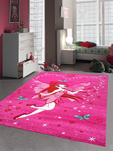 Kinderteppich Spielteppich Kinderzimmer Teppich Zauberfee mit Schmetterlinge Pink Creme Rot Türkis...