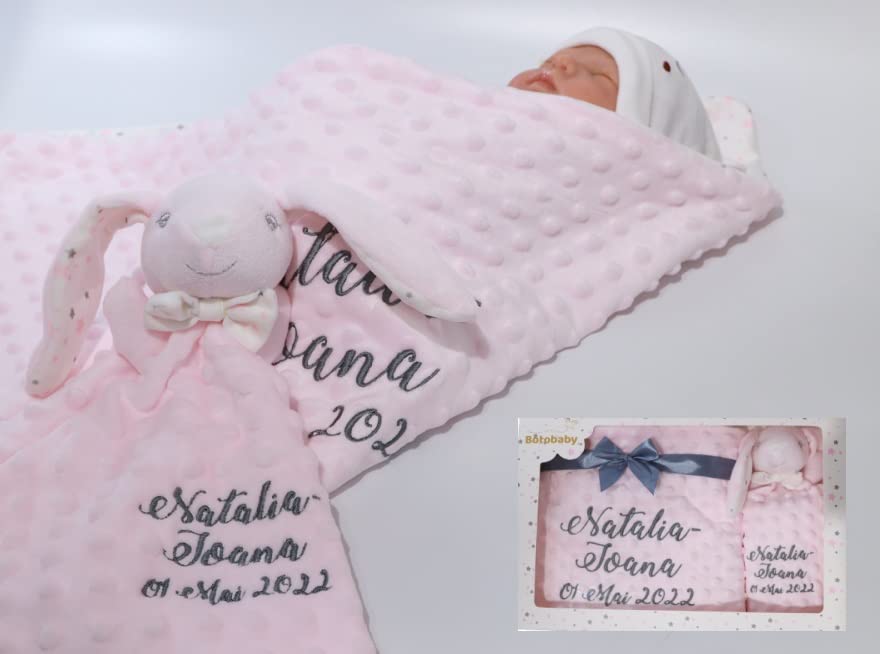 GESCHENK-SET New Baby Babydecke mit Namen + Rosa Hase Baby-Shower Geburt (Rosa - Hase)