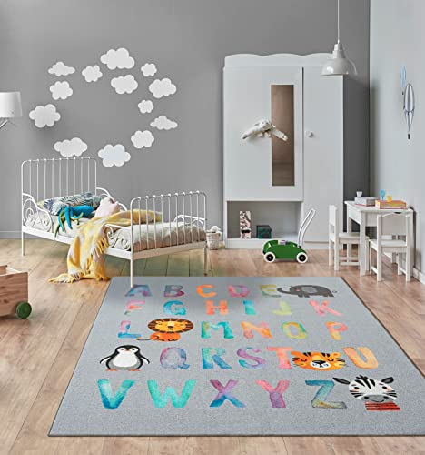 the carpet Happy Life Kinderzimmer, Kinderteppich, Spielteppich, Waschbar, Alphabet, Grau, 120 x 160...