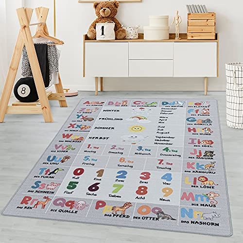 Carpetsale24 Kinderteppich Lernenmatte Alphabet-Buchstaben Zahlen-Tier Design Grau 100 x 150 cm -...