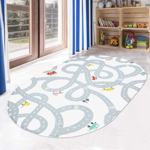 Spielteppich Straße Oval 90 x 150 cm, Waschbarer rutschfeste Kinderteppich für Jungen & Mädchen,...