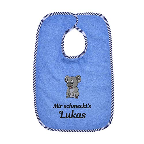 Wolimbo Lätzchen mit Klettverschluss - blau - personalisierbar - mit Wunsch Name/Motiv - bestickt - Babylätzchen - für Mädchen und Jungs