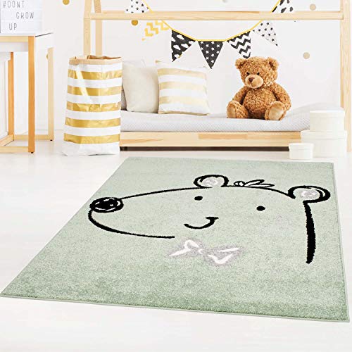 Kinderteppich Grün - 160x225 cm - Niedlicher Bär mit Schleife - Teppich Kinderzimmer für Jungen...