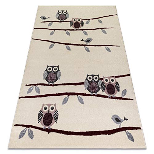 rugsx Teppich HEOS Owls Kinderteppich für Babyzimmer, Spielteppiche, Kinderzimmer, Moderne Eulen Creme/Rotwein 190x270 cm