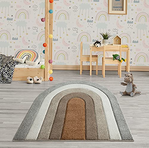 the carpet Monde Moderner Designer Wohnzimmer Teppich, Weicher Kurzflor, Hoch Tief Effekt, Blickfang, Oval, Mehrfarbig, Grau-Creme-Braun-Beige-Mix, 133 x 150 cm Oval