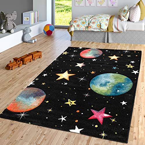 TT Home Kinder-Teppich, Spiel-Teppich Für Kinderzimmer Mit Planeten Sternen, In Schwarz, Größe:160x230 cm
