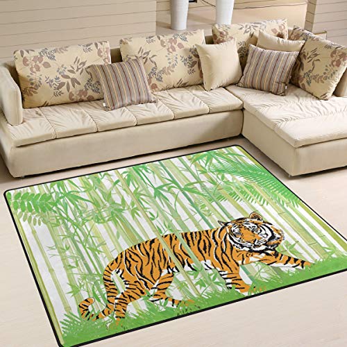 Use7 Teppich, Motiv Dschungel Tiger, Bambus, für Wohnzimmer, Schlafzimmer, Textil, mehrfarbig, 160cm x 122cm(5.3 x 4 feet)
