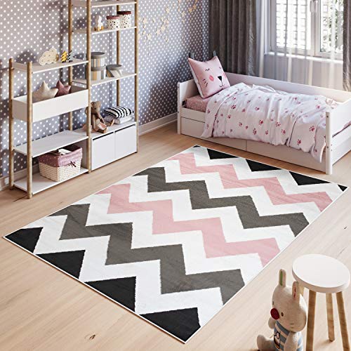 TAPISO Pinky Teppich Kurzflor Kinderteppich Kinderzimmer Rosa Weiß Schwarz Modern Geometrisch Zig...