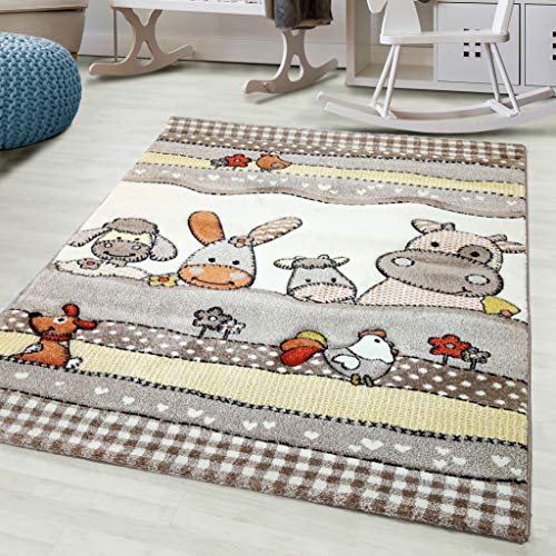 Flycarpets - Tier Kinderteppich - Indoor Kinderteppich - rechteckig - modern - Kurzflor 12 mm - in Größe 80x150 - in Tiere beige - Motiv - türkisch gewebt - 100% Polypropylen