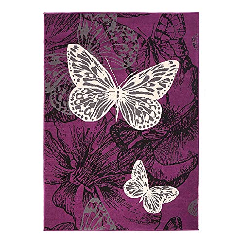 TeppichBoss Teppich Schmetterling New Butterfly Kurzflor Wohnzimmer Schlafzimmer Kinderzimmer Küche Diele Flur Tiermuster Floral, Farbe:Violett, Größe:160x230 cm