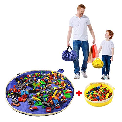 SUMBABO Spielzeug Aufbewahrung Sack für Lego - Spielzeug Aufraeumsack Teppich Decke Sack Spielmatte Sack von Kordelzug mit Kappe wie Reisetasche als Geschenk 2St＝1Blau Groß + 1 Gelber Mini