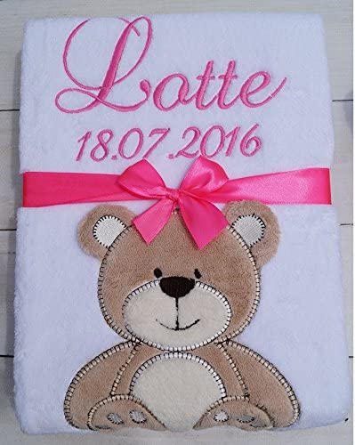 Babydecke mit Namen und Datum bestickt Baby Geschenke Geburt (Weiß - Teddybär)