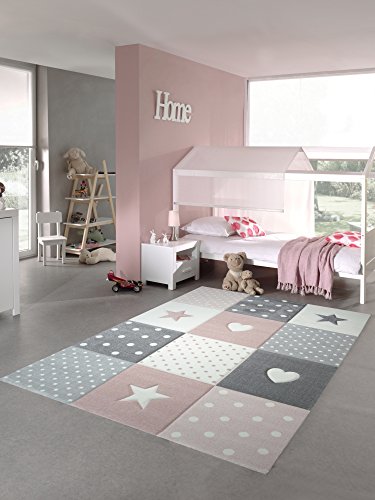 Teppich-Traum Kinderzimmer Teppich Spiel & Baby Teppich Herz Stern Punkte Design in Rosa Weiß Grau Größe 160x230 cm