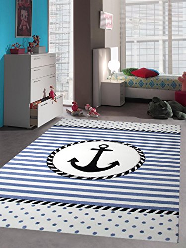 Kinderteppich Maritim Kinderzimmerteppich Jungen Teppich mit Anker in Blau Creme Größe 80x150 cm
