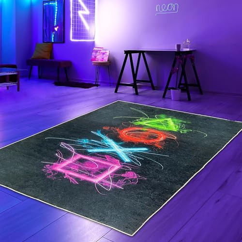 Teppich-Traum Gaming Teenager Teppich Zimmer auffällig Bunte neonfarbige Symbolen schwarzer...