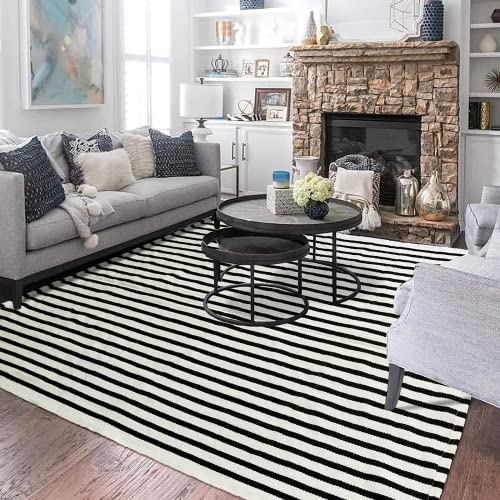 Home Waschbarer Teppich Schwarz-Weiß-Klassiker Boho gestreift Baumwollgewebe teppiche für Veranda,...