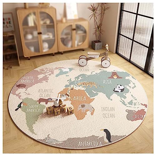 WOLWES Runder Teppich mit runder Weltkarte für Kinder, Baumwollboden(B,160cm/63in/5.2ft)