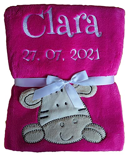Babydecke viele Farben & Motive mit Namen / Geburtsdatum Bestickt Geschenk Baby (pink Zebra)
