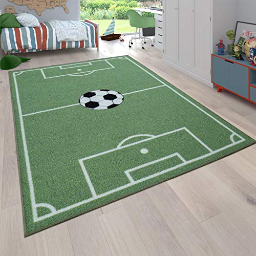 Paco Home Kinder-Teppich, Spiel-Teppich Für Kinderzimmer Mit Fußball-Motiv rutschfest In Grün, Grösse:140x200 cm