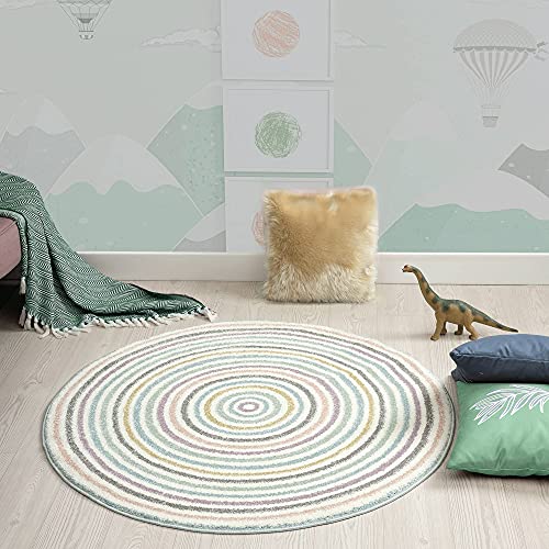 the carpet Monde Kids Moderner Weicher Kinderteppich, Weicher Flor, Pflegeleicht, Farbecht, Lebendige Farben, Rund, Pastell Bunt, 120 x 120 cm