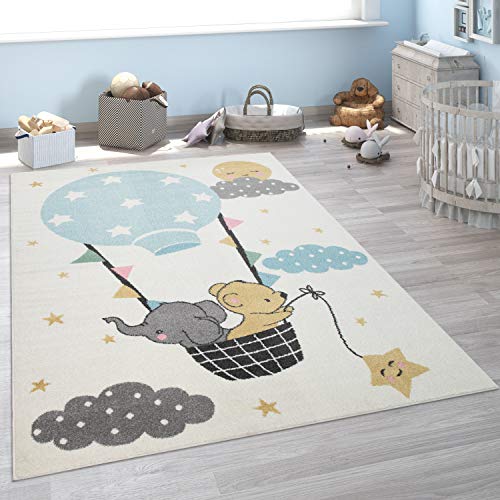 Kinder-Teppich, Kurzflor Für Kinderzimmer, Elefant, Bär, Balon, Mond, in Beige, Grösse:133x190 cm