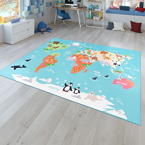 Kinder-Teppich, Spiel-Teppich Für Kinderzimmer, Weltkarte Mit Tieren, In Grün, Größe:120x160 cm