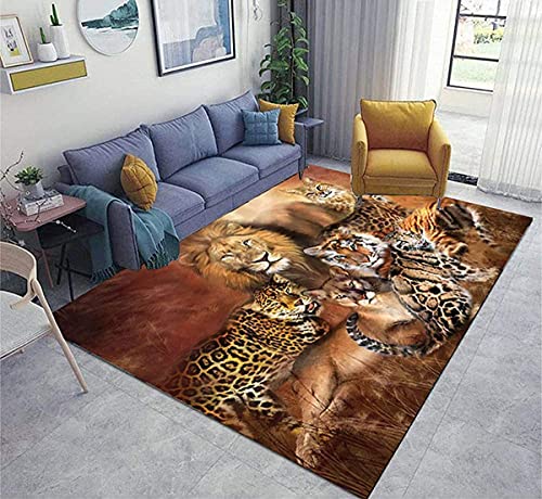 PEIHUODAN 3D Tier Löwe Tiger Leopard Teppich Kinder Jungen Teenager Groß Kinderzimmer Gaming Teppich Schlafzimmer Dekoration Wohnzimmer Modern Weich Kinderteppiche Braun Waschbarer (120 x 180 cm)