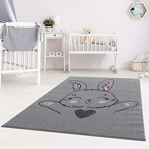 carpet city Teppich Kinderzimmer Grau - Kinderteppich Hase - 80x150 cm - Kinderzimmerteppiche Jungen und Mädchen - Kurzflorteppich Modern Schadstoffgeprüft