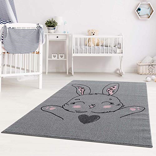 carpet city Teppich Kinderzimmer Grau - Kinderteppich Hase - 80x150 cm - Kinderzimmerteppiche Jungen...