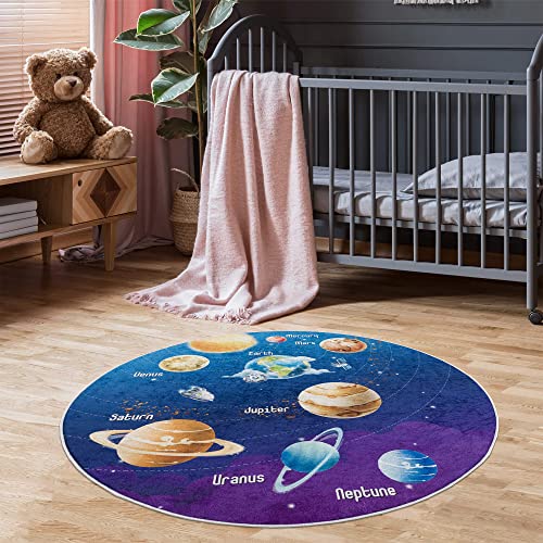 Pasha Home -Kinderteppich,Washbarer Kinderzimmer Teppich, Anti-Rutsch Unterseite, Waschbar bis 30- Anti-Allergie-Muster:(Planet) (100 cm Rund)
