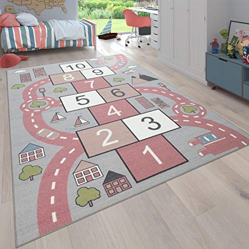 Paco Home Teppich Kinderzimmer Kinderteppich Spielteppich Straßen Design Mit Hüpfkästchenspiel rutschfest Grau Rosa, Grösse:140x200 cm