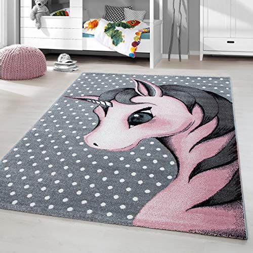 HomebyHome Kinderteppich Kurzflor Einhorn Design Rosa 160x230 cm- Teppich Kinderzimmer Mädchen...