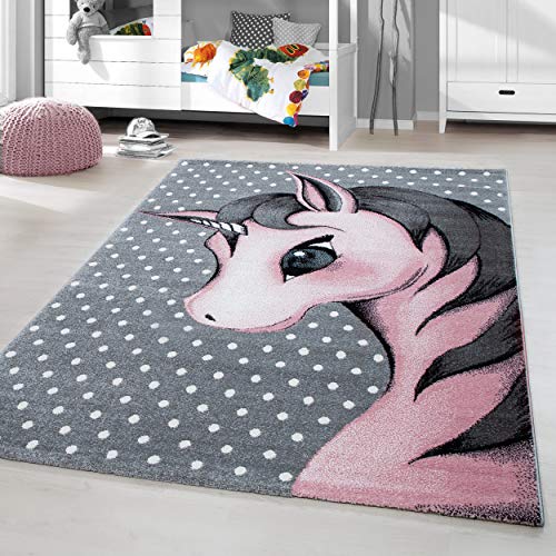 HomebyHome Kinderteppich Kurzflor Einhorn Design Rosa 80x150 cm Laüfer- Teppich Kinderzimmer...