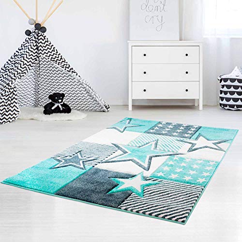 carpet city Kinderteppich Flachflor Bueno Sterne Muster Mint Türkis Konturenschnitt Glanzgarn...