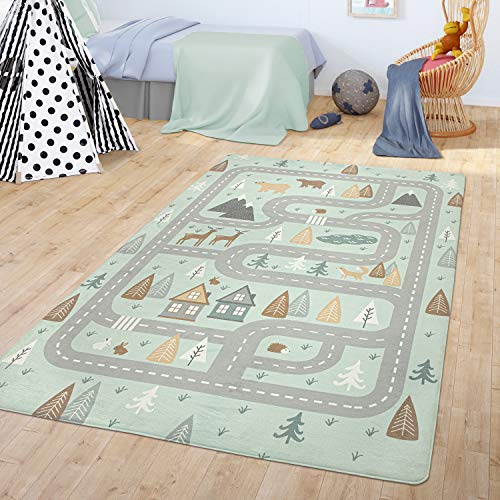 TT Home Teppich Kinderzimmer Kinderteppich Babymatte Straßen Motiv Tiere Wald Haus Junge, Farbe:Türkis, Größe:120x160 cm